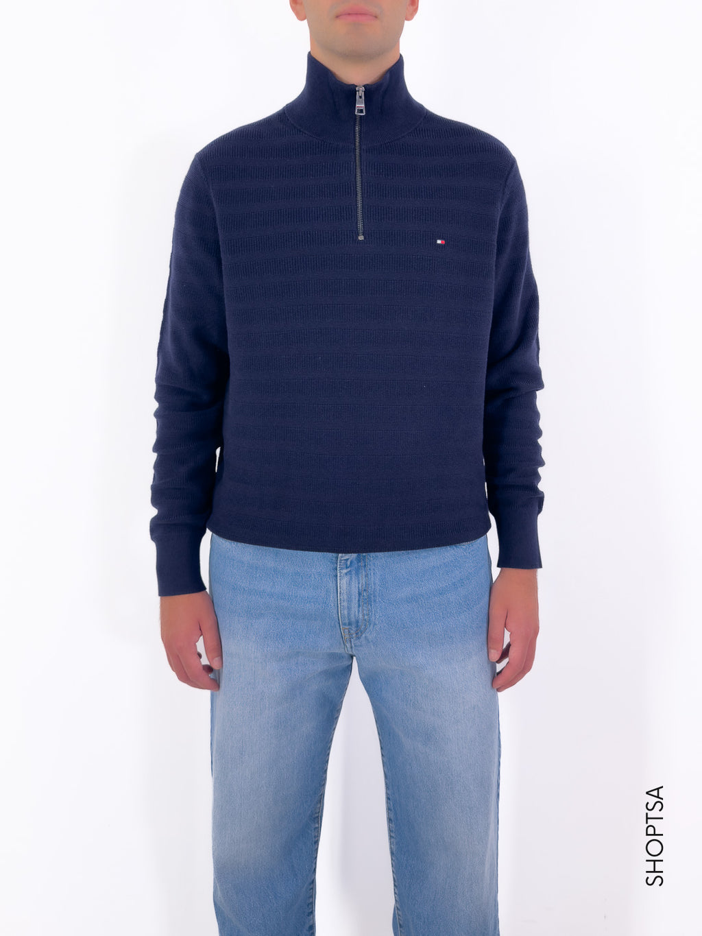 Maglione mezza zip righe tramate