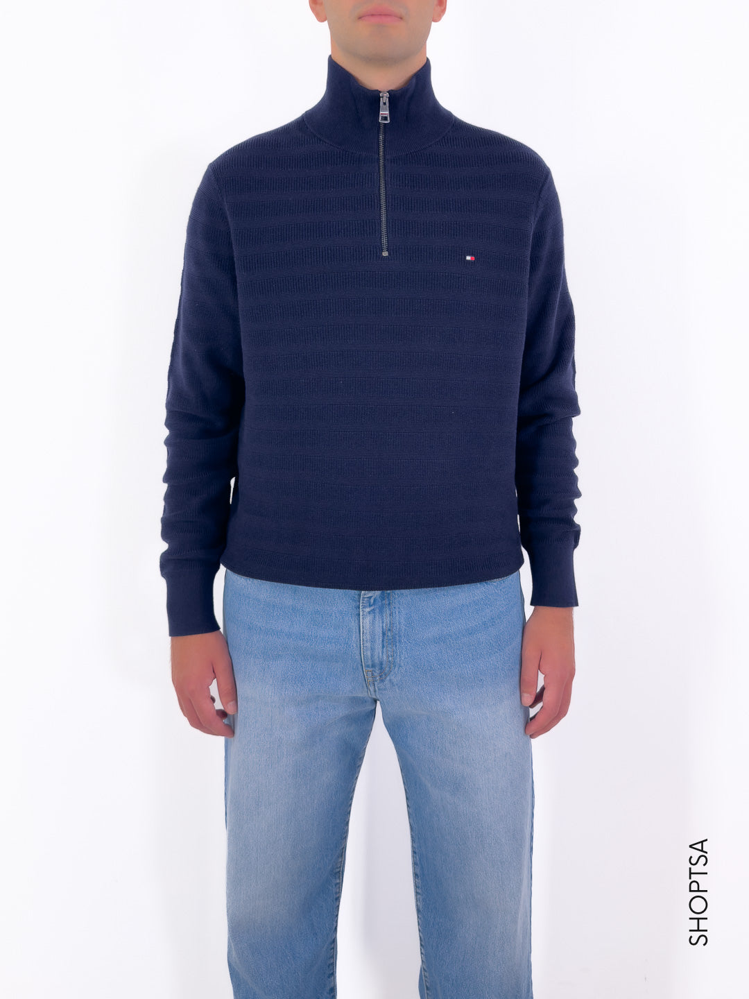 Maglione mezza zip righe tramate