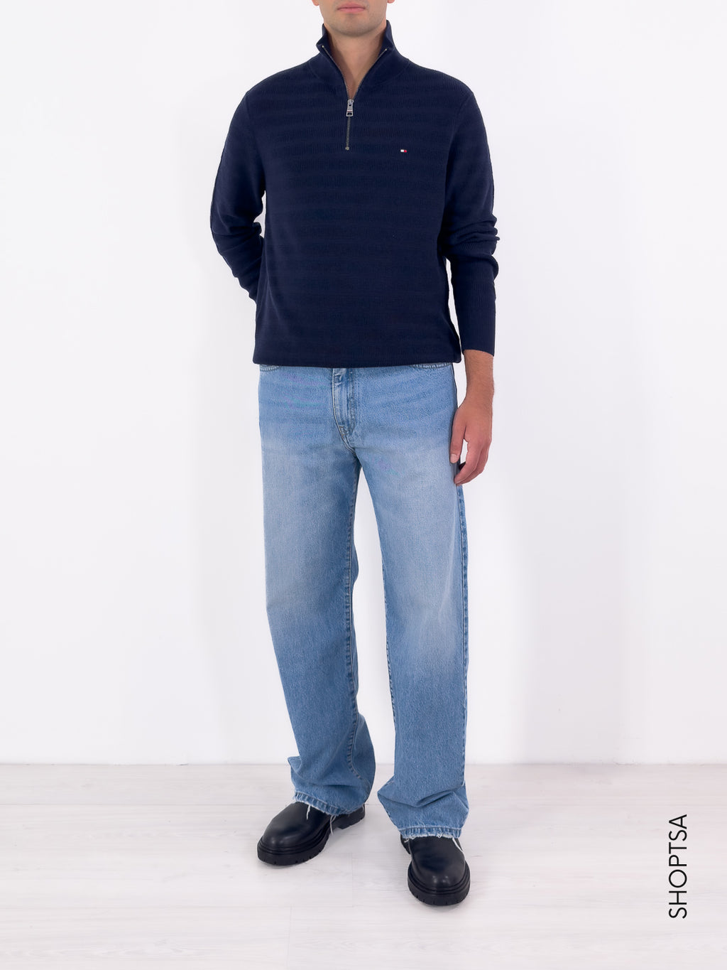 Maglione mezza zip righe tramate