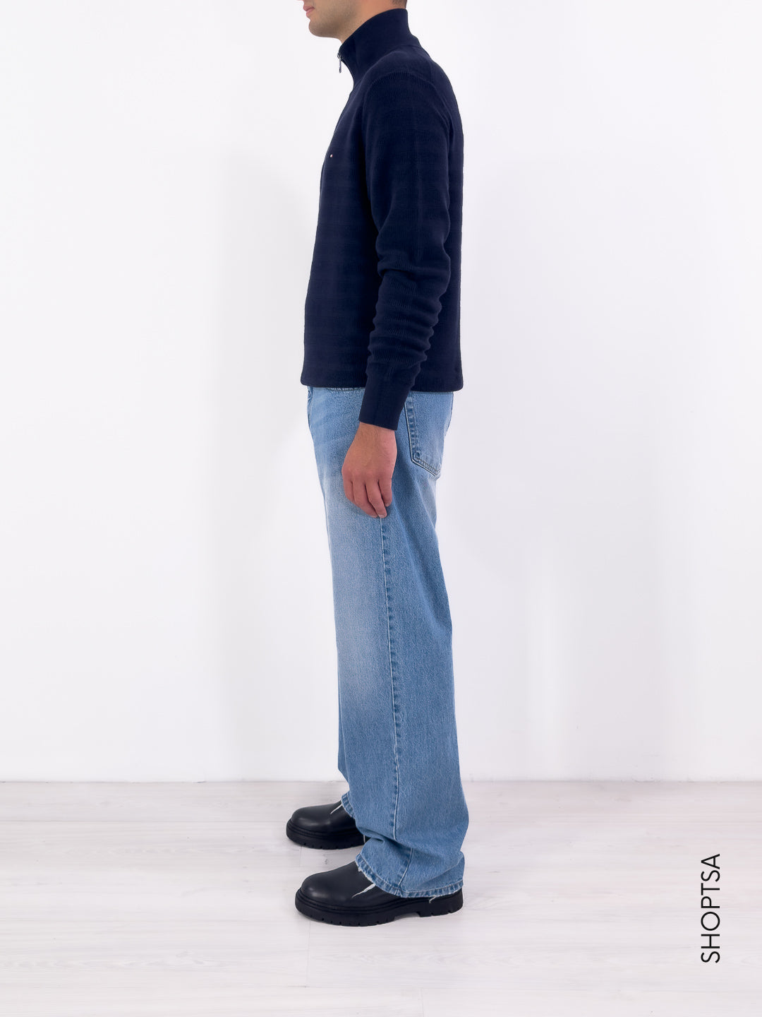 Maglione mezza zip righe tramate