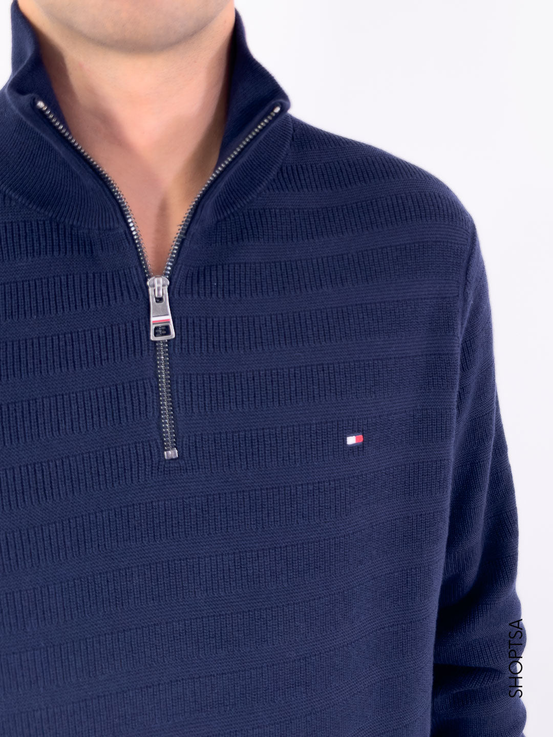 Maglione mezza zip righe tramate