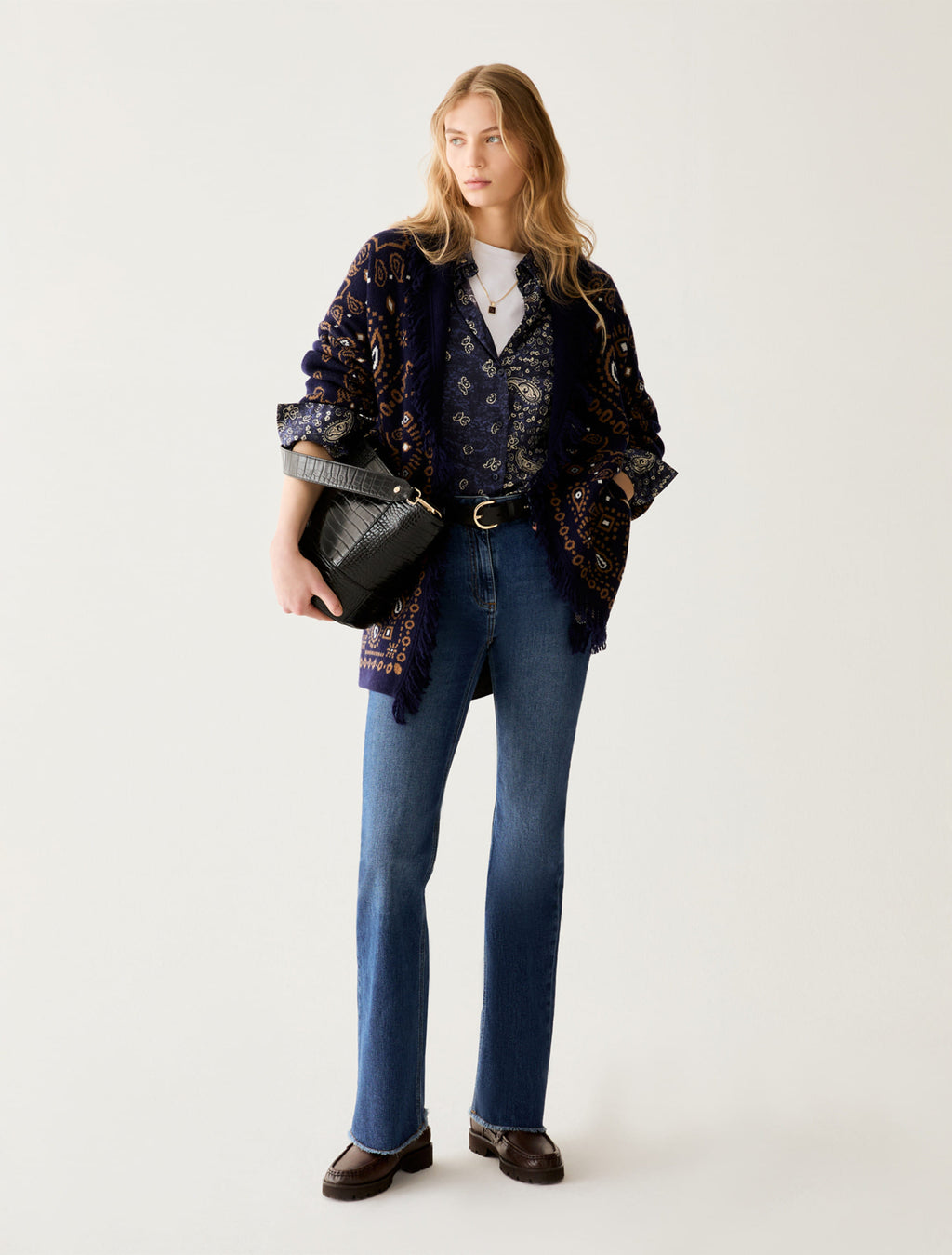 Cardigan oversize jacquard con frange - PBBARMONIOSO