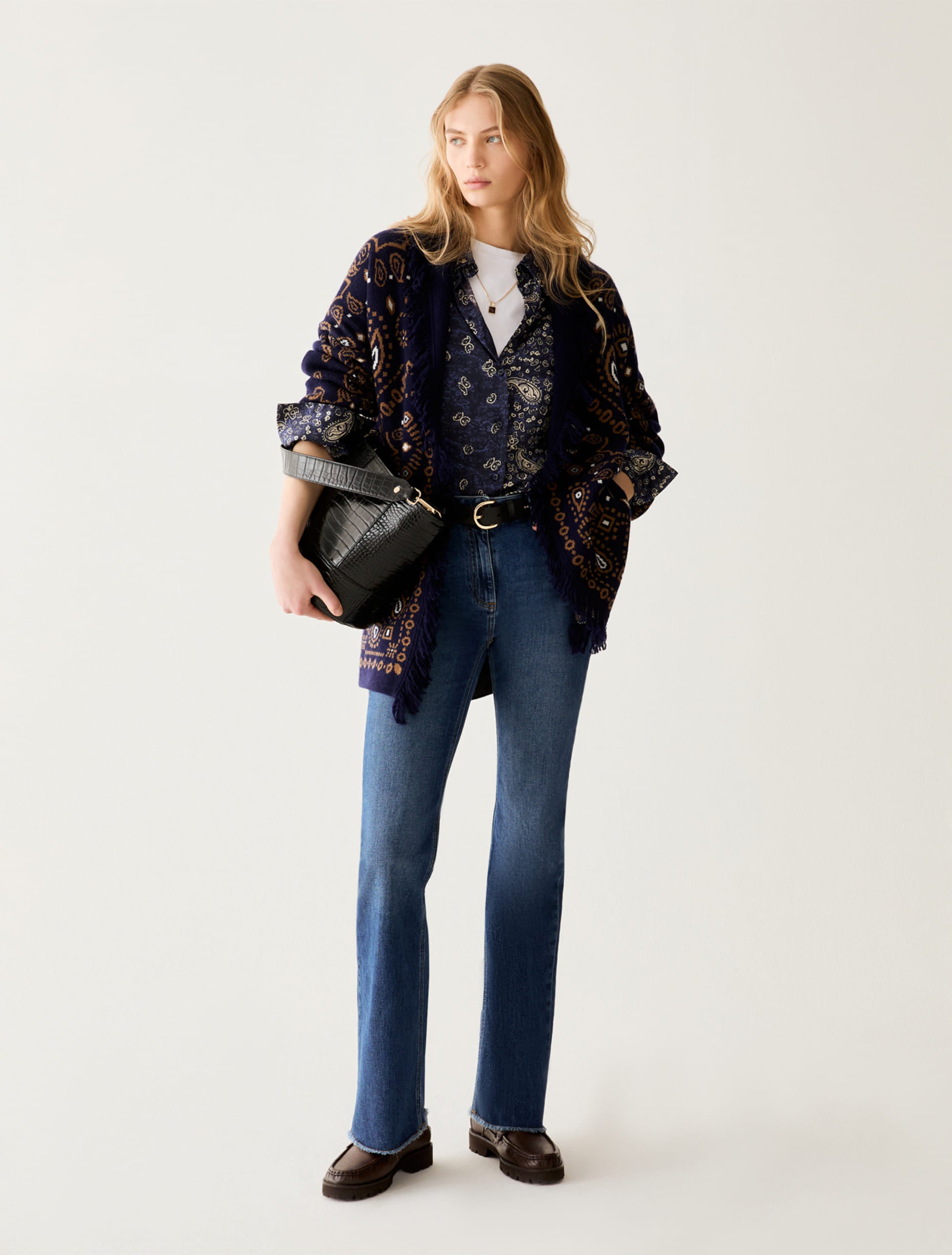 Cardigan oversize jacquard con frange - PBBARMONIOSO