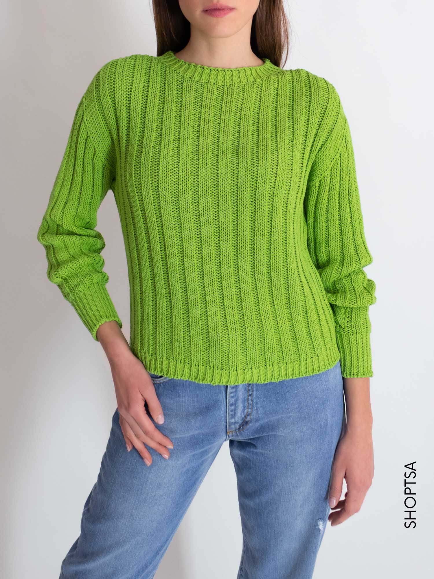 Green cotton crew neck sweater
